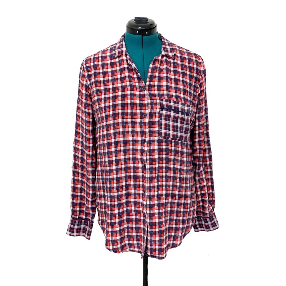 Equipment Blouse Top Red White Blue Check Silk L